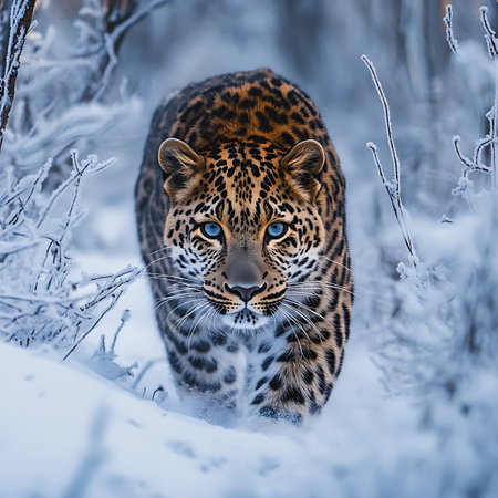 A stunning leopard prowls through a serene winter landscape, showcasing its striking blue eyes against the snowy backdrop. This captivating scene captures the beauty and grace of wildlife amidst the cold environment.の素材