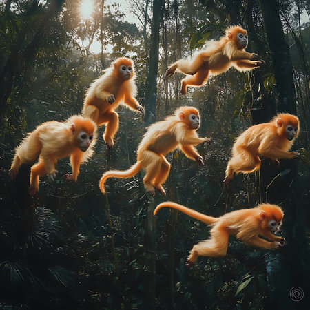 A lively group of playful monkeys leaps through a vibrant jungle, showcasing their agility among the lush green foliage. This scene captures the beauty of wildlife in its natural habitat.の素材