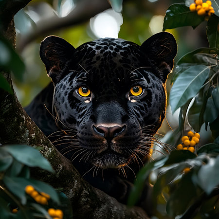 A striking black panther gazes intently from a tree, showcasing its vibrant yellow eyes and lush green surroundings, embodying the beauty of wildlife and nature.の素材