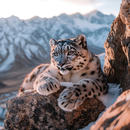 A stunning snow leopard relaxes on rocky terrain, showcasing its beauty and grace in a serene mountain landscape, highlighting the elegance of wildlife.の素材