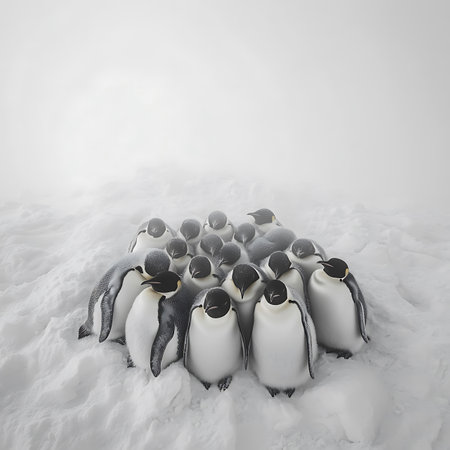 A charming group of penguins huddles together on a snowy landscape, showcasing the beauty of wildlife in cold environments. Ideal for nature lovers.の素材