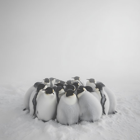 A charming gathering of young penguins huddled together on a snowy landscape, showcasing their fluffy features and social behavior in a wintry habitat.の素材