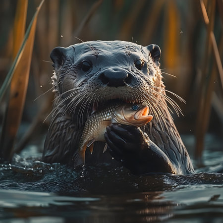 A playful otter emerges from the water, proudly displaying its catch of a fish amidst lush reeds. This captivating scene showcases wildlife in natural habitat.の素材