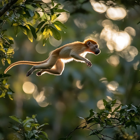 A young monkey leaps through the trees, showcasing its agility and playful nature amid a vibrant green forest. Capturing the essence of wildlife adventure.の素材