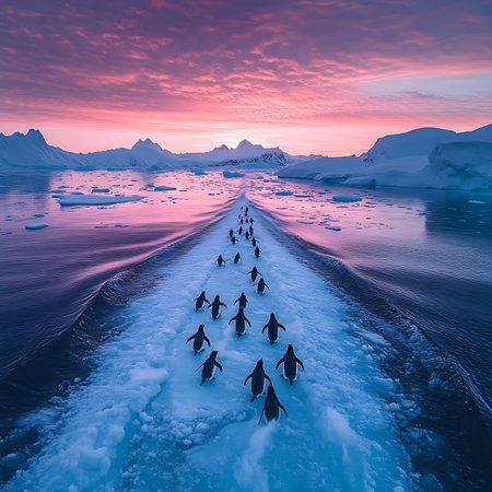 A stunning scene of penguins walking majestically on ice at sunset. The vibrant colors reflect off the water, creating a serene and beautiful landscape in Antarctica.の素材