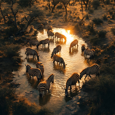 A mesmerizing scene of zebras gathered around a serene water source at sunset, capturing the beauty of nature and wildlife in a tranquil landscape.の素材