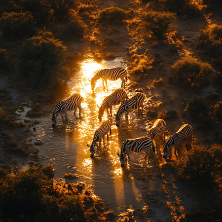A serene scene of zebras gathered around a water source at sunset, creating beautiful reflections. The warm tones and patterns make for a striking wildlife photograph.の素材