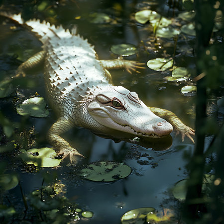 A striking alligator glides through a serene swamp, surrounded by lush greenery and lily pads. This captivating scene showcases the beauty of wildlife in its natural habitat.の素材