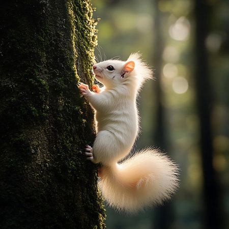 A charming white squirrel climbs a tree trunk, showcasing its playful nature amidst a serene forest setting, surrounded by lush greenery and soft sunlight.の素材
