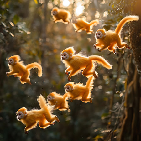 A lively scene of playful monkeys in a sunlit forest, showcasing their joyful antics and social behavior, highlighting the beauty of nature and wildlife.の素材