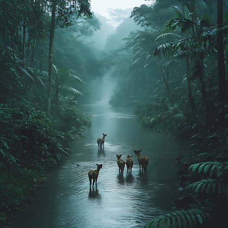 A tranquil scene depicting deer wading through a misty river in a lush green forest, capturing the serene beauty of wildlife in a natural habitat.の素材