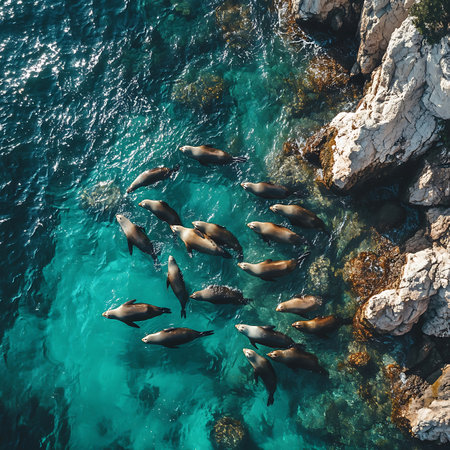 An aerial view of seals swimming in turquoise waters, showcasing their playful behavior around rocky shores in a serene marine environment.の素材