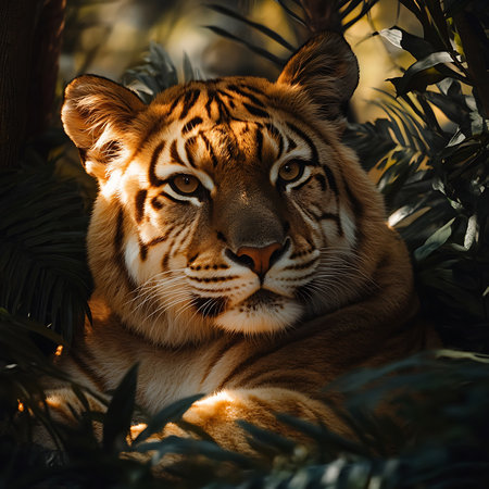 A striking portrait of a majestic tiger resting in its natural habitat, showcasing its vibrant fur and piercing eyes amidst a lush jungle environment.の素材