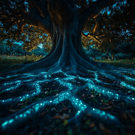 Explore the enchanting beauty of glowing tree roots in twilight, creating a magical atmosphere that highlights nature's tranquility and wonder.の素材