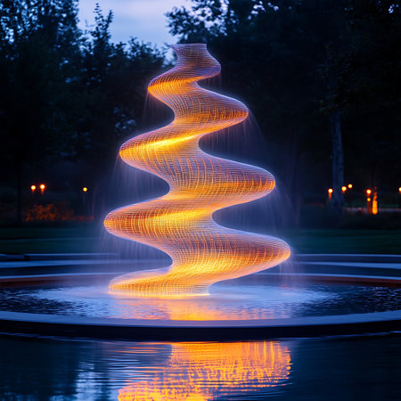A stunning spiral fountain illuminated at night, creating a mesmerizing effect in a tranquil park. Perfect for showcasing elegance and serenity in outdoor spaces.の素材