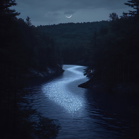 A tranquil river landscape illuminated by a crescent moon, surrounded by dark forests. The gentle ripples reflect the night sky, creating a serene atmosphere.の素材