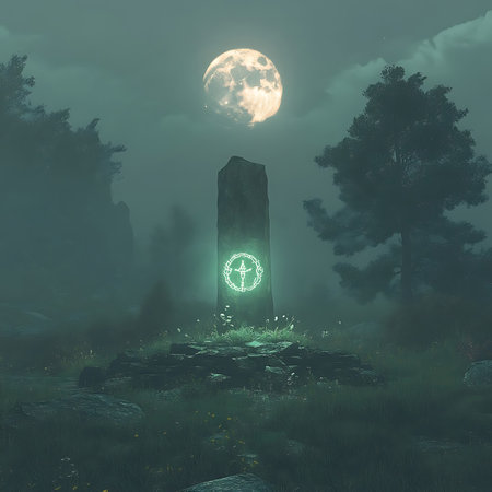 A mystical stone monolith stands tall in a foggy landscape, illuminated by soft moonlight. An intricate symbol glows, creating a serene and enigmatic atmosphere.の素材