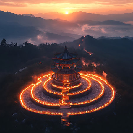An enchanting sight of a traditional pagoda illuminated by flames, surrounded by misty mountains and capturing the beauty of a vibrant sunset. Perfect for cultural and travel themes.の素材