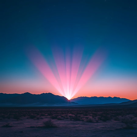 Discover a stunning desert sunrise with vibrant light rays breaking through the horizon, creating a breathtaking natural landscape filled with serenity and beauty.の素材