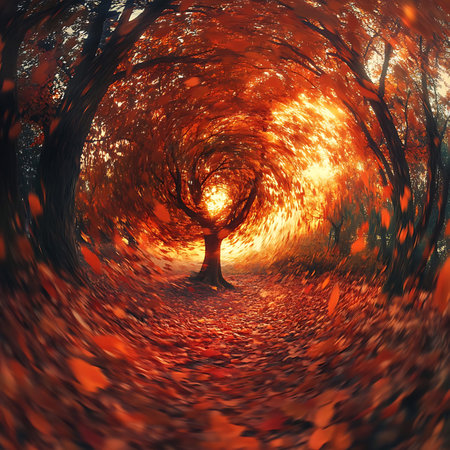 Experience the enchanting beauty of autumn with stunning orange and red leaves swirling around trees, creating a vibrant, dreamlike pathway through nature's tranquil scenery.の素材