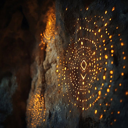 Stunning view of illuminated patterns etched in stone, showcasing natural beauty and the interplay of light and shadow in a tranquil cave environment.の素材