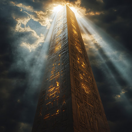 A striking image of an ancient obelisk bathed in sunlight against a backdrop of dramatic clouds, creating an enchanting and serene atmosphere that evokes a sense of mystery and history.の素材