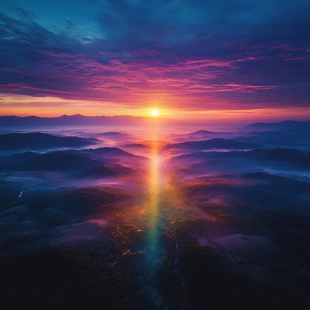 Breathtaking aerial view captures a vibrant sunset over rolling hills, showcasing a colorful sky and tranquil atmosphere, ideal for nature enthusiasts and photographers.の素材