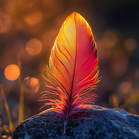 A stunning macro shot of a vibrant feather illuminated by warm light, showcasing its intricate details against a blurred bokeh backdrop that enhances nature's beauty.の素材