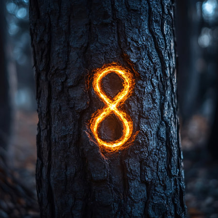 A captivating scene of a forest featuring a glowing number eight on tree bark, creating a mystical atmosphere that sparks curiosity and wonder in nature lovers.の素材