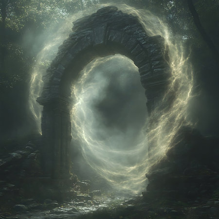 An enchanting portal amidst a mystical forest, radiating ethereal light. This serene and dreamlike scene evokes feelings of magic and adventure, perfect for fantasy themes.の素材