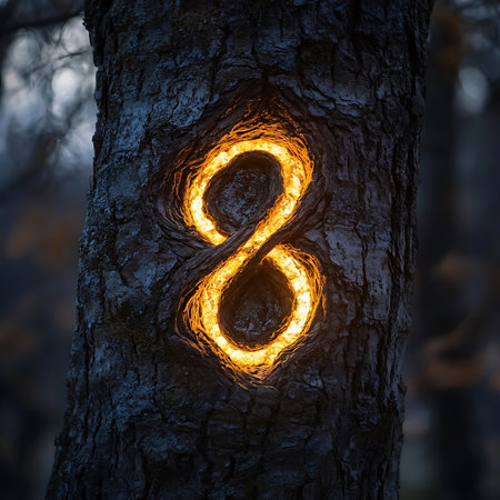 A glowing number eight mysteriously carved into tree bark, illuminated by warm light, creating a magical atmosphere in a serene forest setting.の素材