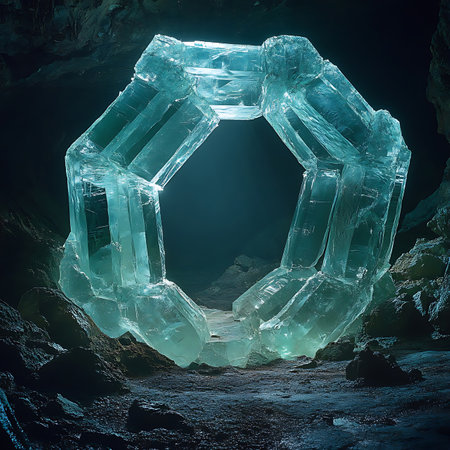 Explore the captivating beauty of a natural crystal formation set in a mystical cave, showcasing transparency and intricate textures in a serene underground environment.の素材