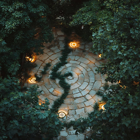A beautiful stone pathway spirals through a lush garden, illuminated by soft glowing lights, creating a peaceful and mystical atmosphere perfect for relaxation and meditation.の素材