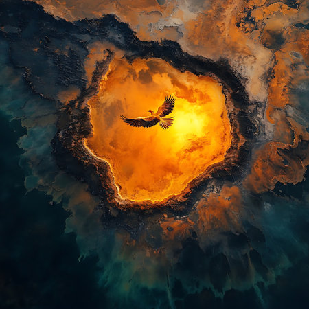 A stunning aerial view showcases a majestic eagle soaring through fiery clouds, capturing the beauty of nature's vibrant colors and dramatic landscapes, evoking feelings of freedom and adventure.の素材