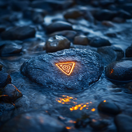 A unique illuminated symbol on a rock reflects in tranquil water, offering a blend of nature and mystery, perfect for themes of calm and introspection in outdoor settings.の素材