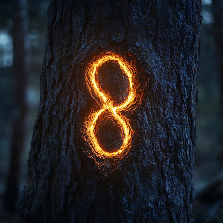 A captivating image of a glowing number eight symbol etched into tree bark, surrounded by a serene forest atmosphere, perfect for evoking ideas of infinity and creativity.の素材