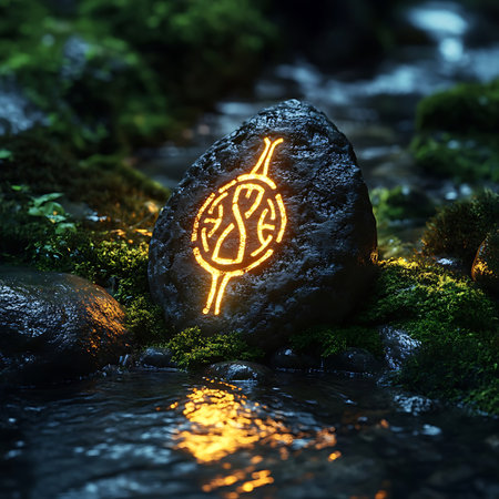 A glowing stone featuring an ancient symbol rests by a calm water source, surrounded by vibrant greenery, creating an enchanting atmosphere and inviting exploration.の素材