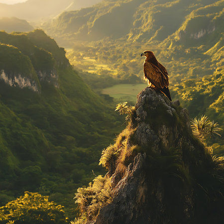 A majestic eagle perches on a rocky cliff, surveying the lush valley below at sunrise, capturing the beauty of wilderness and natural serenity in golden light.の素材