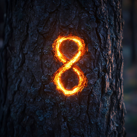 This artistic image features a glowing number eight, crafted from flame, etched into tree bark, blending beautifully with its natural surroundings, perfect for creative use.の素材