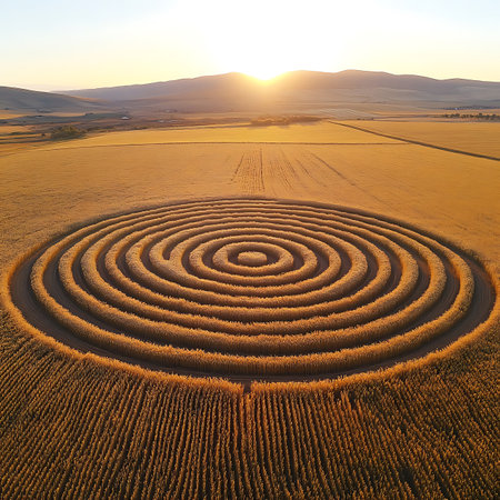This aerial photograph captures a mesmerizing circular crop pattern in golden wheat fields, illuminated by the warm glow of sunset, evoking tranquility and beauty in nature's design.の素材