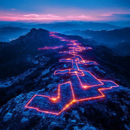 A mesmerizing mountain pathway illuminated by vibrant light trails at dusk, showcasing rocky terrain and distant silhouettes under a stunning colorful sky.の素材