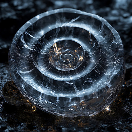 This captivating close-up image showcases a spiral of crystal clear ice, featuring intricate patterns and bright reflections, set against a contrasting dark background.の素材
