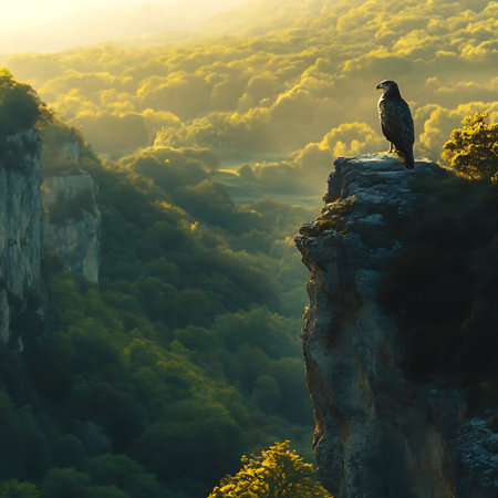 A majestic eagle perches on a rocky cliff, gazing over a lush green valley bathed in the warm glow of sunset, evoking a sense of peace and natural beauty in the landscape.の素材