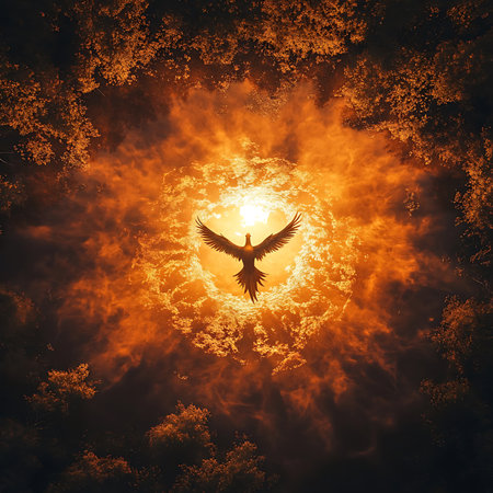 A breathtaking image of a phoenix soaring through a fiery sunlight, surrounded by glowing trees and dramatic clouds, symbolizing rebirth and freedom in natureâs splendor.の素材