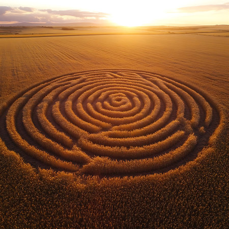 Captivating aerial view showcasing a labyrinth pattern in a wheat field, bathed in warm sunset light, highlighting the beauty of rural landscapes and nature's design.の素材