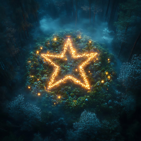 A captivating forest scene features a glowing star shape created by lights, surrounded by lush greenery and mystical fog, offering a tranquil, dreamlike atmosphere.の素材