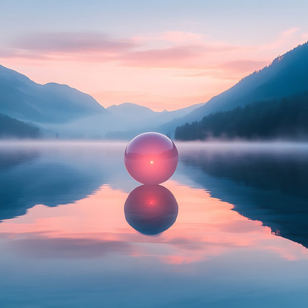 A peaceful landscape featuring a pink sphere reflecting on still waters with majestic mountains and a gentle sunrise, creating an ethereal atmosphere in nature.の素材