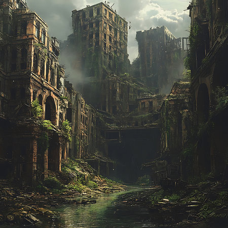 A captivating view of a decaying urban landscape where nature overtakes abandoned buildings. The scene features overgrown vegetation and reflective water, emitting a mysterious and serene atmosphere.の素材