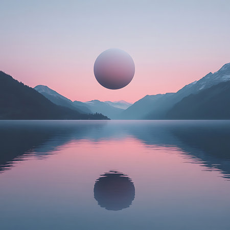 A tranquil landscape showcases a floating sphere above calm waters, reflecting stunning pink and blue hues at dusk, creating a minimalist and dreamlike atmosphere.の素材