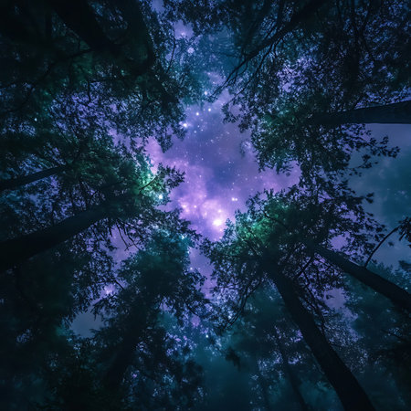 Enchanting view of a starry sky framed by tall trees. Ethereal lights create a magical atmosphere in a peaceful forest, inviting exploration and tranquility.の素材